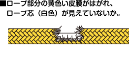 ■ロープ部分の黄色い皮膜がはがれ、ロープ芯（白色）が見えていないか。